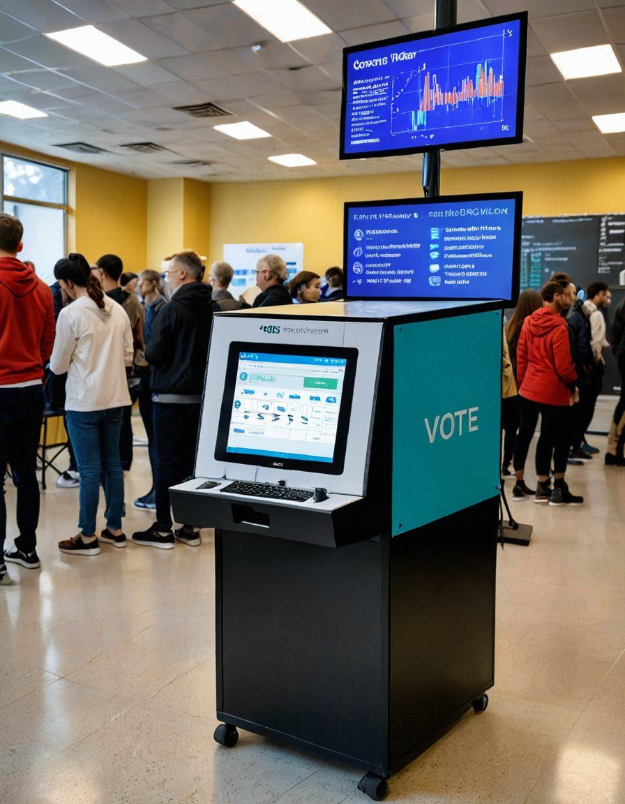 A modern voting machine surrounded by diverse people casting their votes with enthusiasm. In the background, a digital display shows statistics and a secure blockchain representation, symbolizing transparency and integrity. Bright colors enhance the scene, with an emphasis on democracy and technology. futuristic art. vibrant colors. high detail.