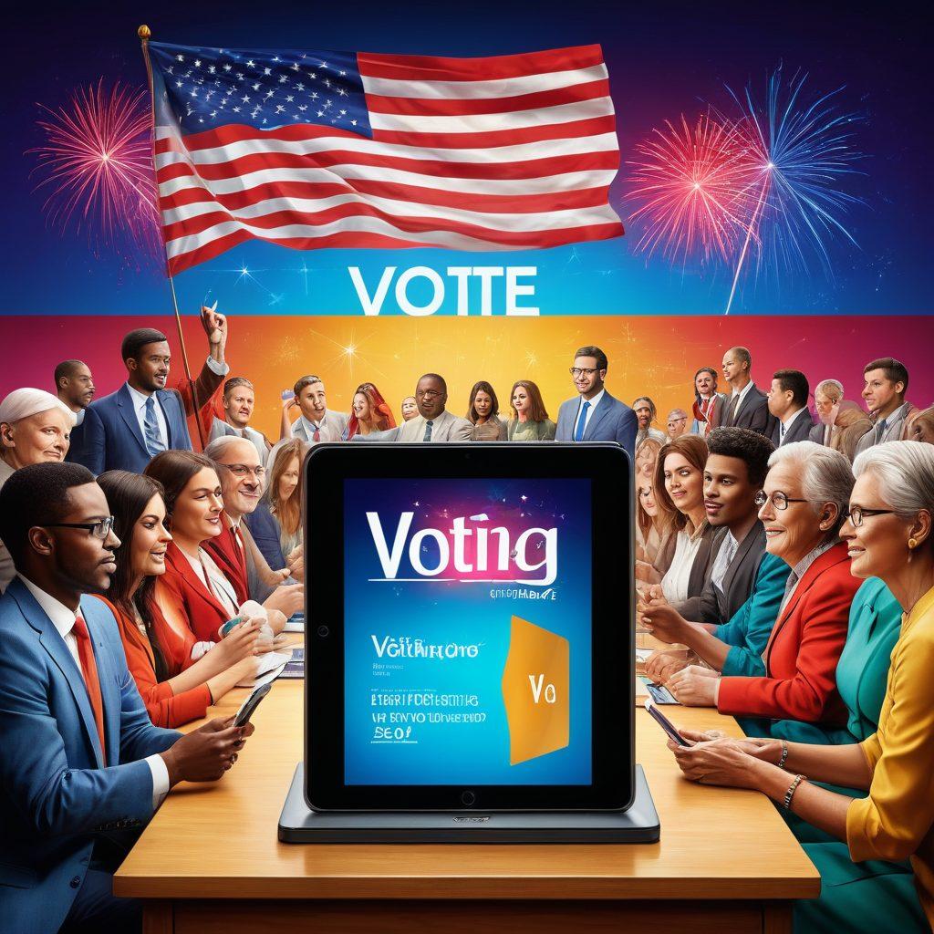 A vibrant scene showcasing the evolution of voting from traditional polling booths to digital platforms, featuring a contrasting backdrop of an old-style ballot box morphing into a tablet displaying a voting app. The image should depict diverse people interacting with both voting methods, symbolizing inclusion and progress. The color palette should be bright and engaging, highlighting the significance of technology in modern democracy. super-realistic. vibrant colors. dynamic composition.